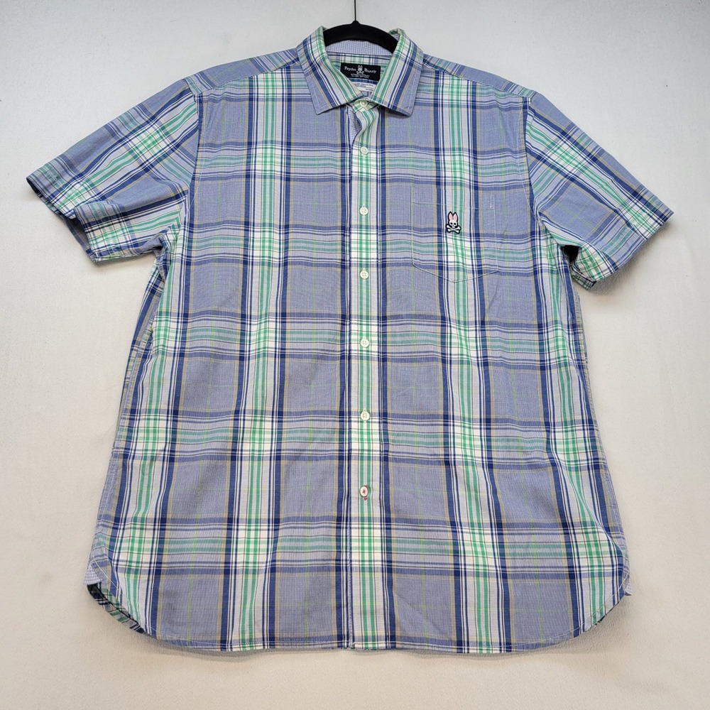 Psycho Bunny Button Down Shirt Men Large Blue Green Plaid Pima Cotton Short Slv